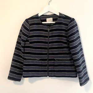 Loft Blue Black Striped Cropped Tweed Style Jacket Blazer 4 NWOT